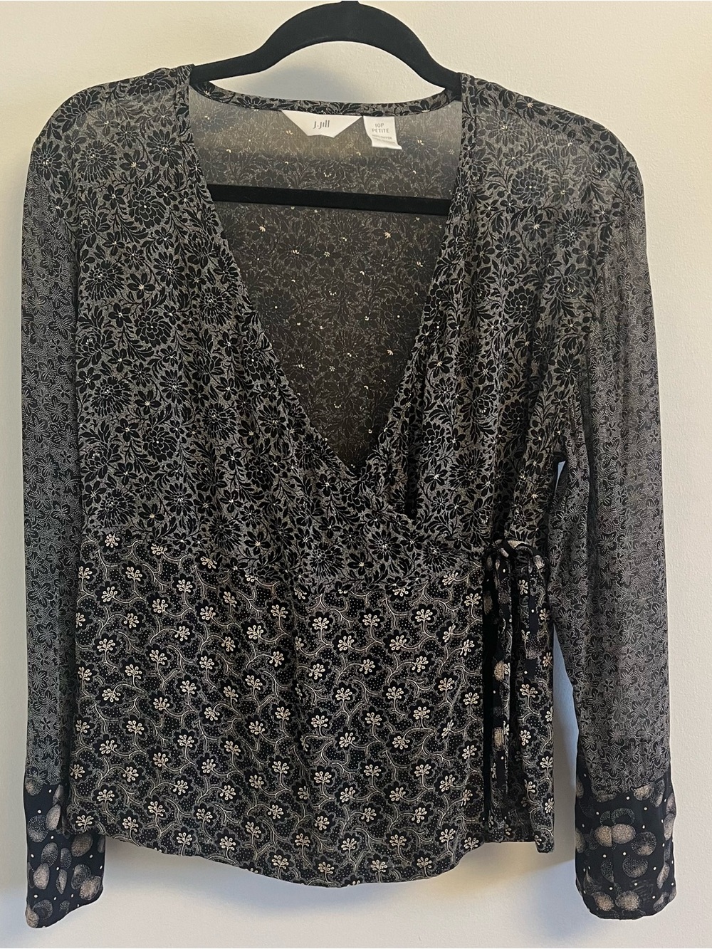 J. Jill Sheer Boho Fairy Wrap Blouse Black Beige Floral Side Tie 10 Petite
